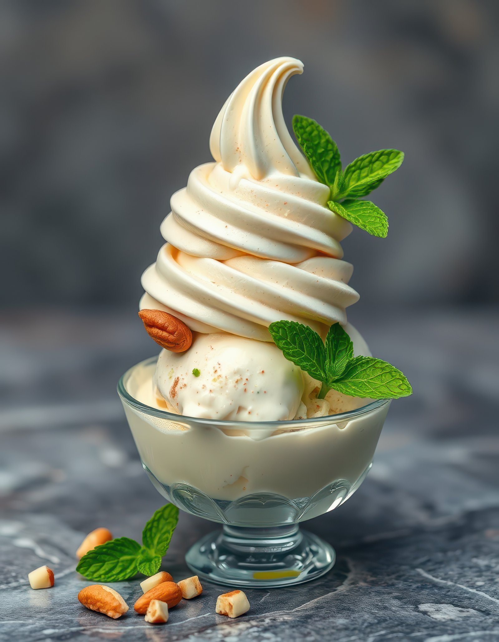 Delicious swirl ice cream topped with mint leaves and nuts in a glass bowl on a marble surface
